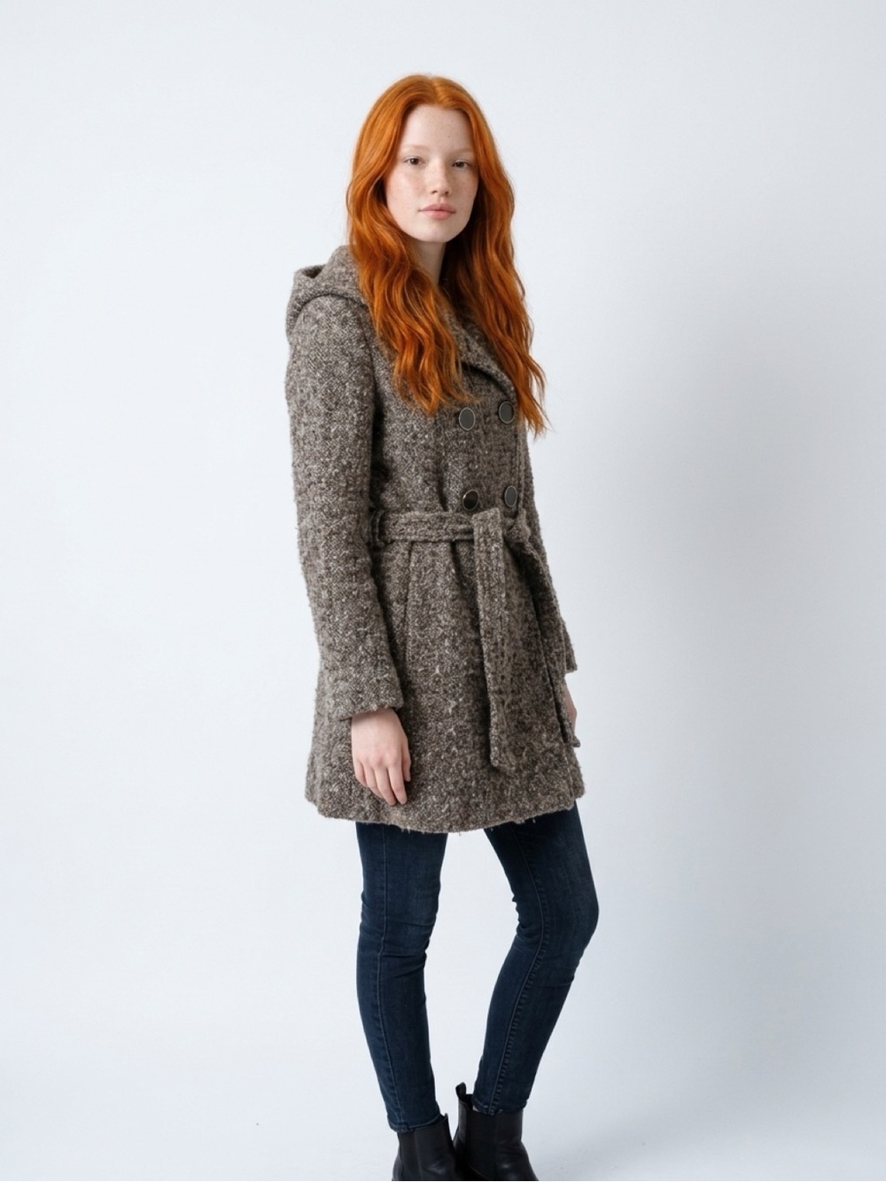 Hooded Double-Breasted Bouclé Pea Warm Coat in Taupe